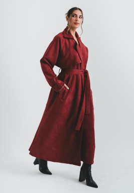 Cherry Red Suede Trench Coat