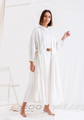 White Belted Pleated Dress