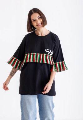Kuwait Black T-shirt With Tassels & Embroidered flag 