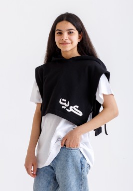 Kuwait Embroidered Black Hooded Vest For Teenagers 