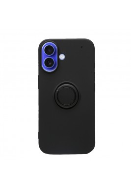 Liquid Silicone Phone Case With Ring Holder for iPhone 16 By Powerey - Black
