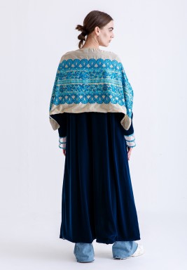 Beige Green Velvet Embroidered Bisht 