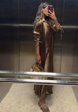 Dark Brown Belted Shirt with Dress Set 