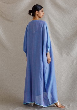 Blue Linen Bisht with Front Gold Embroidered Leaves.