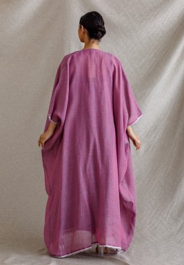 Purple Linen Bisht with Front Silver Embroidered Leaves.