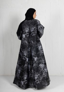 Two-Toned A-Line Abaya in Printed Jacquard with Puff Sleeves