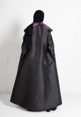 Mikado Coat Abaya with Printed Jacquard Collar and High Waist Belt