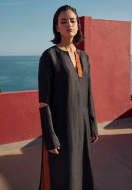 Black & Camel Cut-Out Shoulder Kaftan