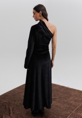 فستان مخملي أسود بكتف غير متماثل 