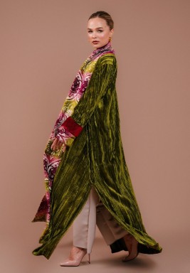 Multicolor Trimmed Olive Velvet Bisht with Pants