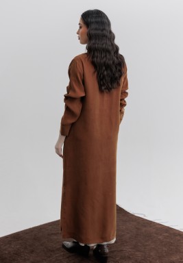 Warm Brown and Beige Washed Silk Dishdasha and Tulle Set 