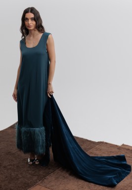 Prussian Blue Fur Silk Dress and Velvet Jacket Set