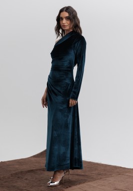 Blue Fitted Velvet Dress with Assymetric Shoulder