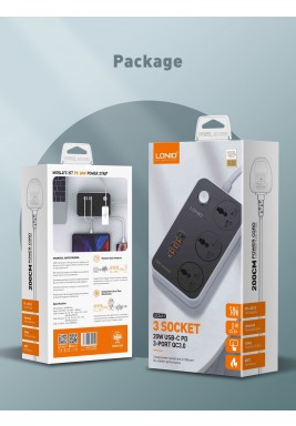 لدنيو – وصلة اشتراك كهربائى 3 مخارج بطول 2  مع 3 منافذ USB ومنفذ USBC PD  - أسود
