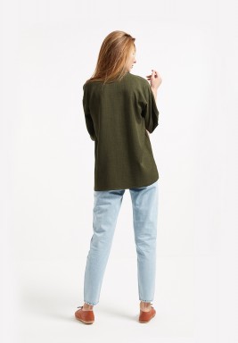 قميص كتان كبير الحجم - زيتوني