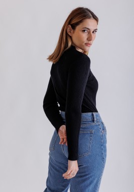 Black Rib-knit Wrap Cross Cut Sweater 