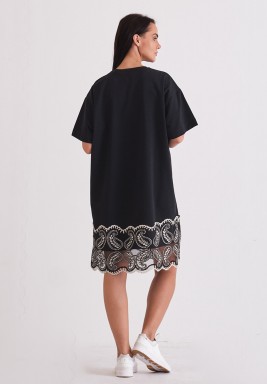 Black Oversized T-Shirt Dress with Lace Details 