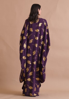 فستان كيوتو أرجواني داكن مزخرف بطباعة أوراق شجر