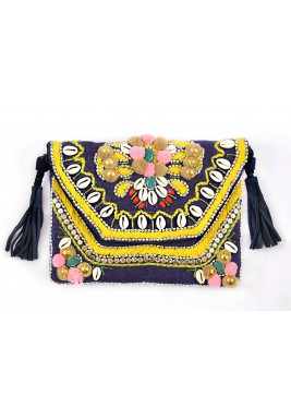 حقيبة شاطئ كحلية بأصداف وتطريز أصفر