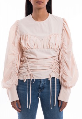 توب وردي باكمام منفوخة وأربطة