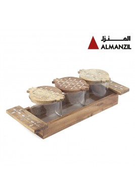 المنزل - طقم حاويات حفظ البخور خشبي مع صينية
