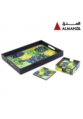 المنزل - صينية تقديم بتصميم أوراق الشجر مع طقم حوامل أكواب - أخضر