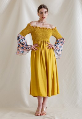 Yellow Elastic Waist Off Shoulder Dress