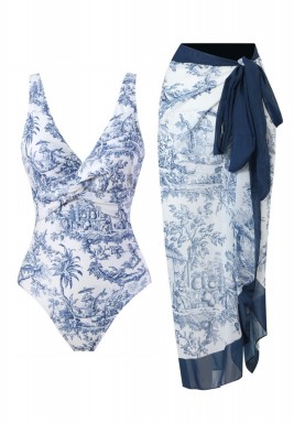 Blue & White Set of Swimsuit & Bottom