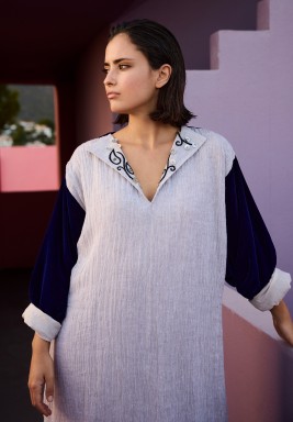 Navy & Gray Velvet Kaftan with Handmade Embroidery